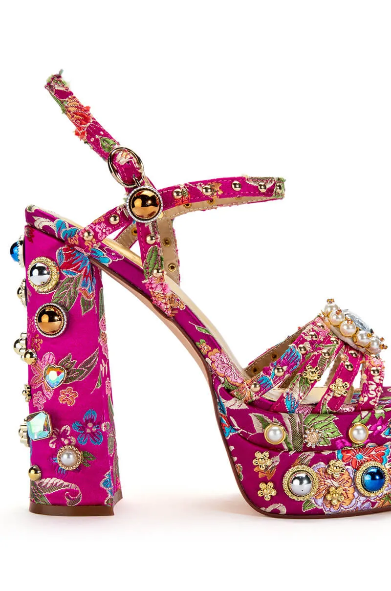 AZALEA WANG ANNIE STRAPPY EMBELLISHED CHUNKY SANDAL IN PINK