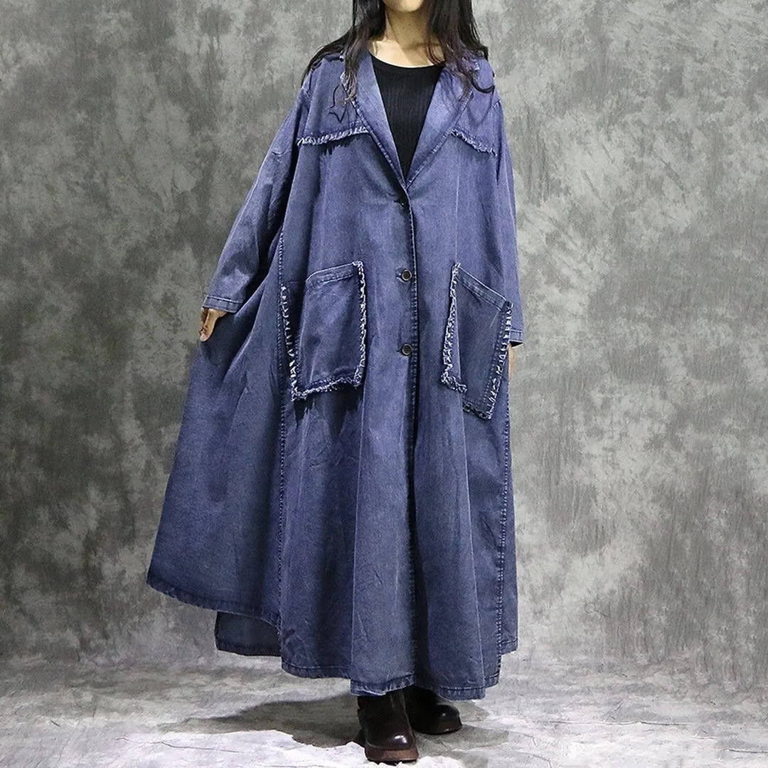 Babakud Women Loose Lapel Fringed Pockets Denim Coats