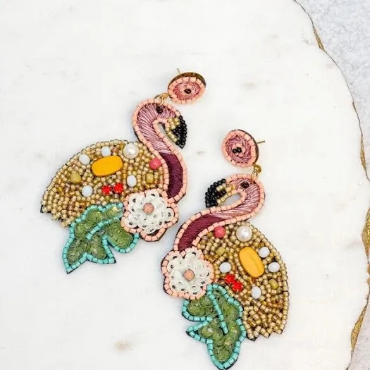 Beaded Earrings, Flamingos & Flowers