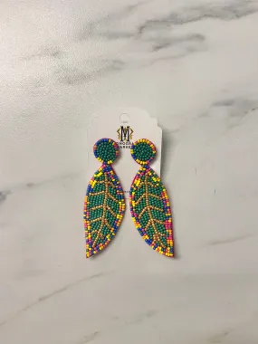 Beaded Earrings, Rainbow and Green Leaves