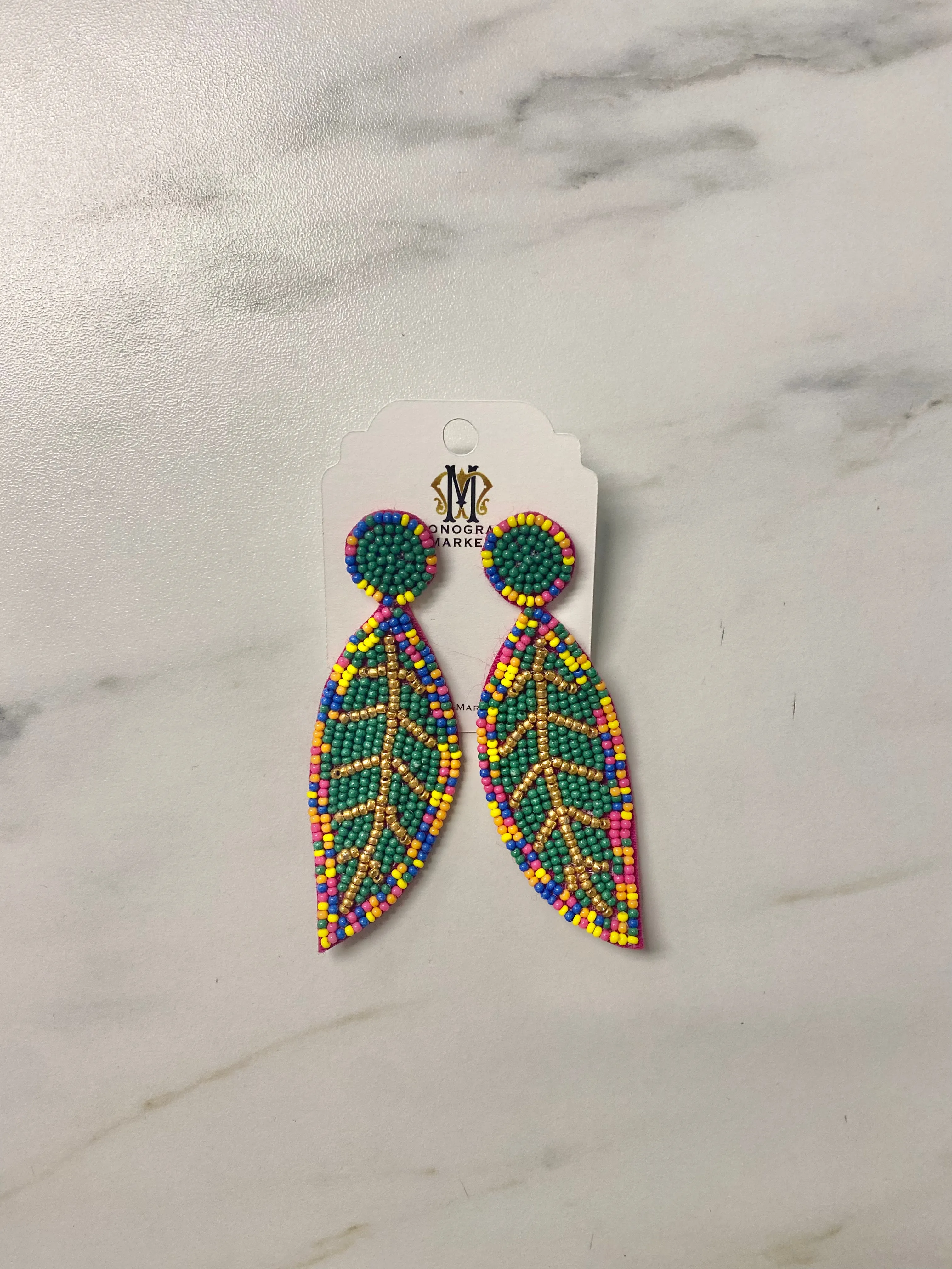 Beaded Earrings, Rainbow and Green Leaves