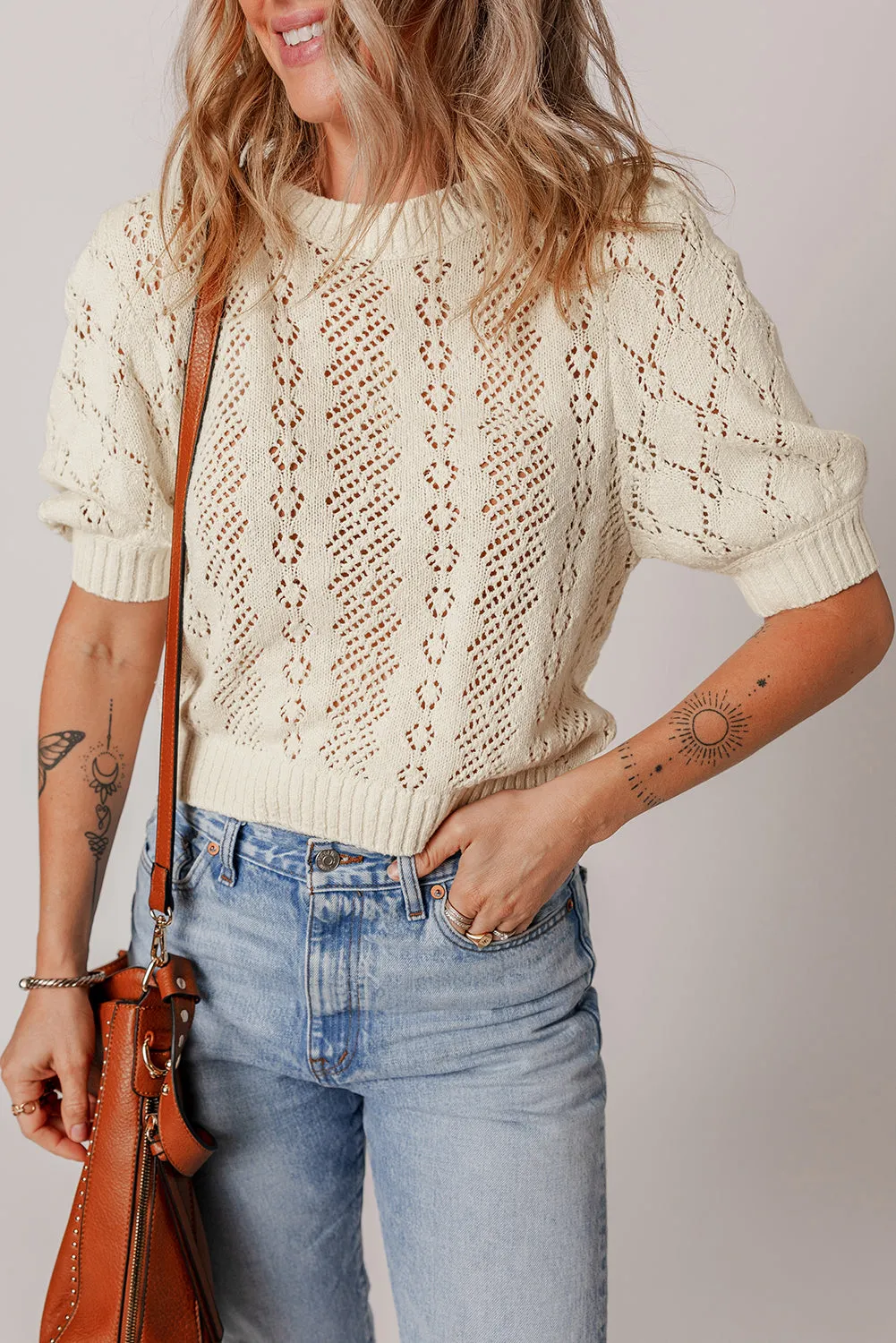 Beige Hollowed Pattern Knit Short Puff Sleeve Sweater