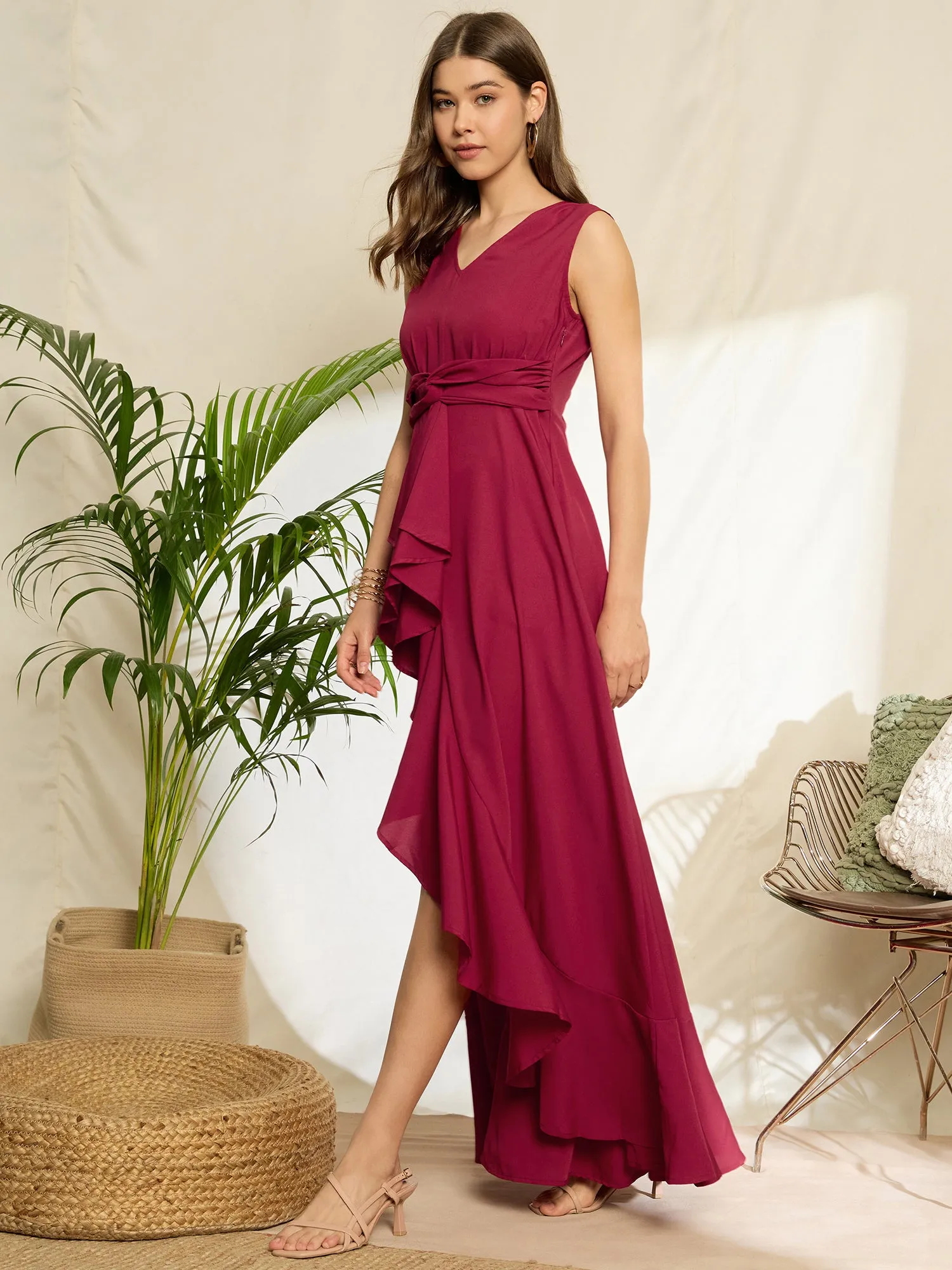 Berrylush Women Solid Red V-Neck Sleeveless High-Low Hem Ruffled A-Line Maxi Dress