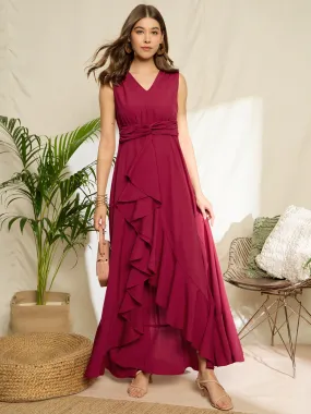 Berrylush Women Solid Red V-Neck Sleeveless High-Low Hem Ruffled A-Line Maxi Dress