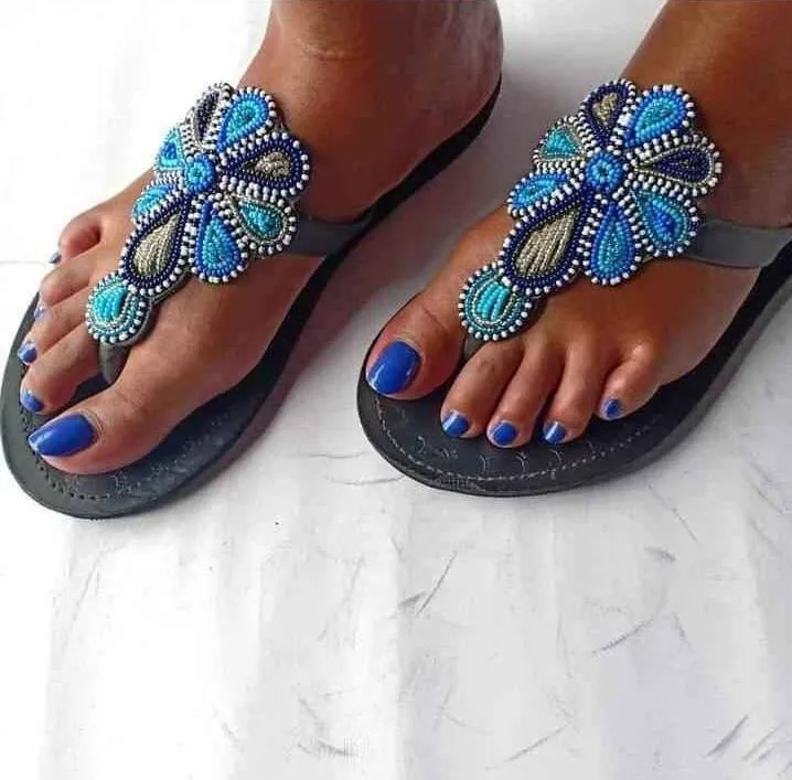 Blue and black beaded handmade flip-flop leather masai maasai sandals with free shipping.