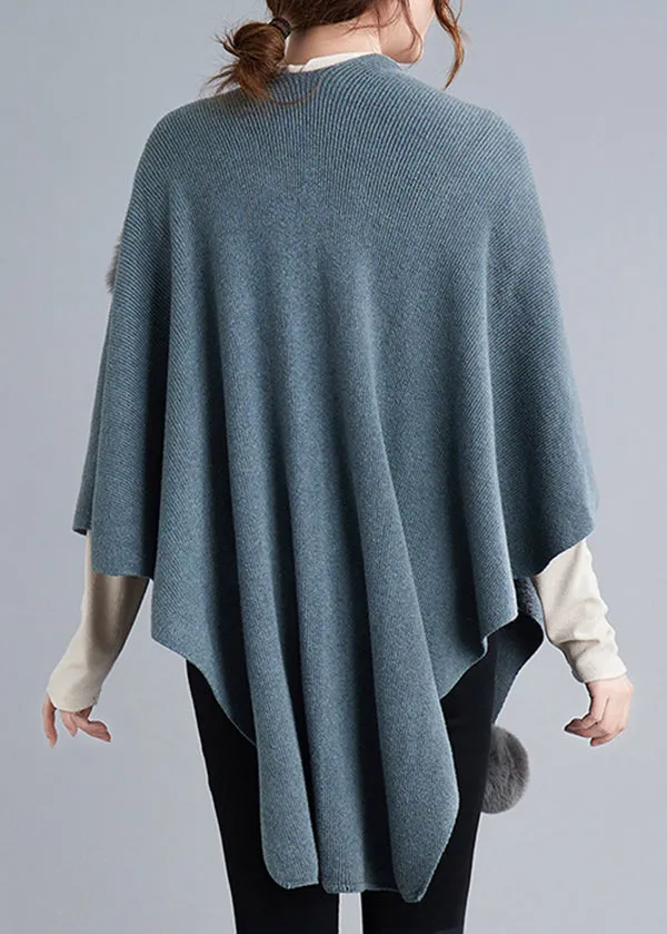 Blue Grey Patchwork Knit Cape Coats Fuzzy Ball Asymmetrical Fall