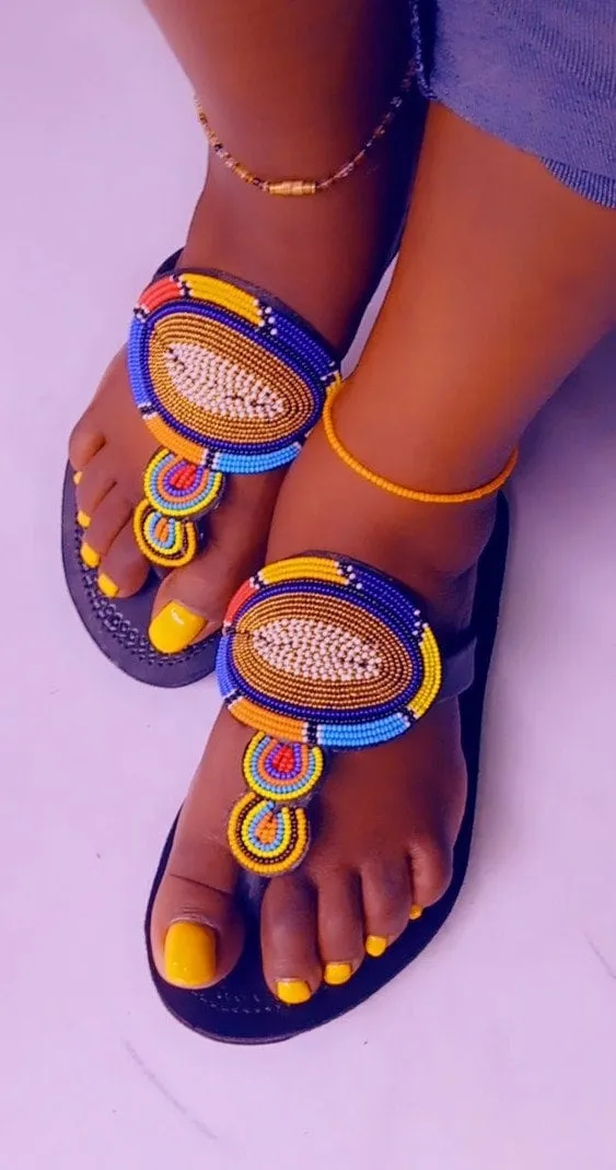 Blue multicolored beaded slip on/african slippers/leather slippers/ beaded masaai maasai Masai leather sandals with free shipping world wide