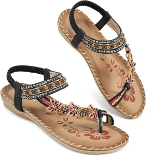 Bohemian Beaded Black Floral Open Ring Toe Sandals