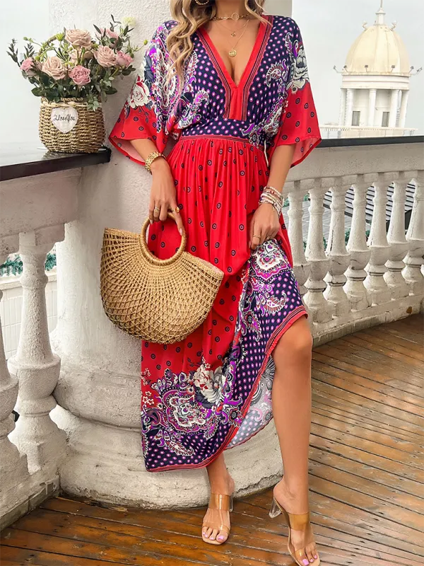 Bohemian Flowy Kimono Sleeve Dress with Bowknot Back