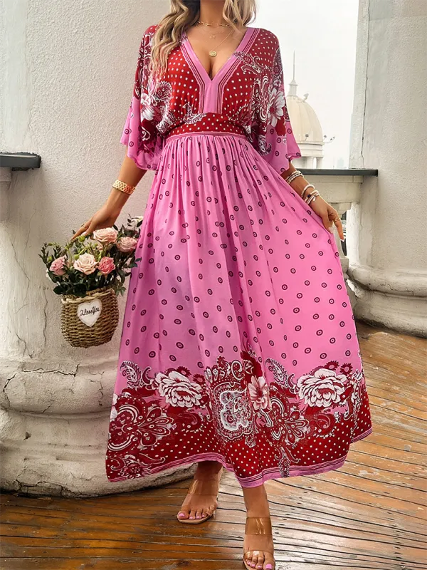 Bohemian Flowy Kimono Sleeve Dress with Bowknot Back