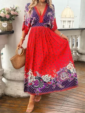 Bohemian Flowy Kimono Sleeve Dress with Bowknot Back