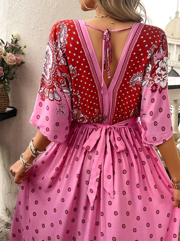 Bohemian Flowy Kimono Sleeve Dress with Bowknot Back