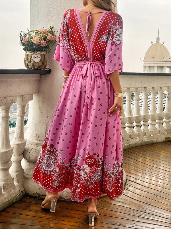 Bohemian Flowy Kimono Sleeve Dress with Bowknot Back