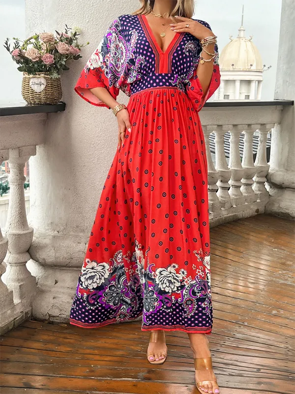 Bohemian Flowy Kimono Sleeve Dress with Bowknot Back