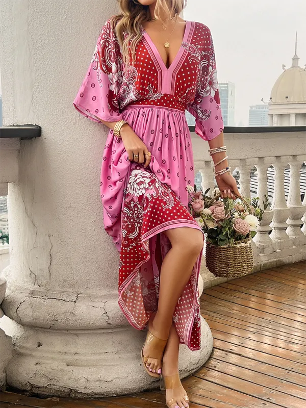 Bohemian Flowy Kimono Sleeve Dress with Bowknot Back