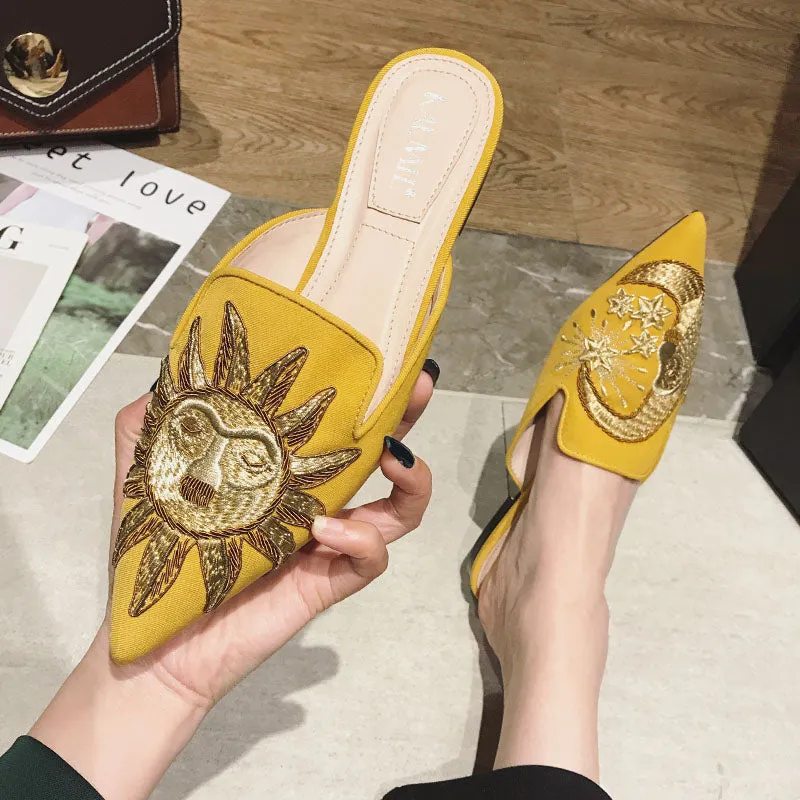 BOOPDO DESIGN BACKLESS LOAFERS WITH GOLD EMBROIDERY