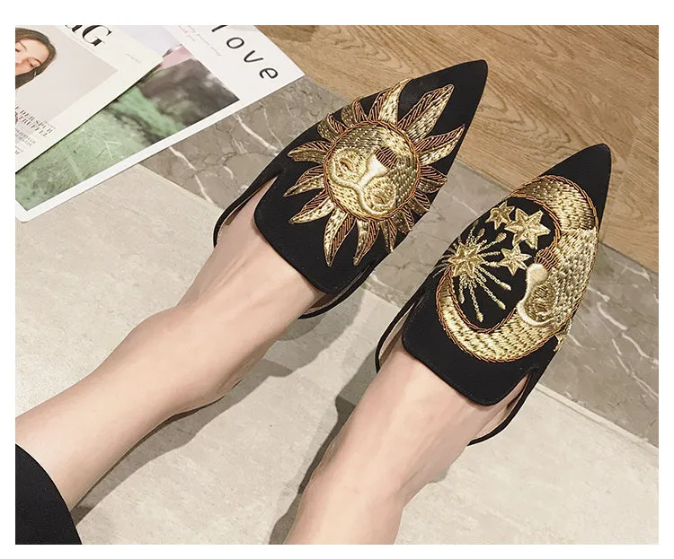 BOOPDO DESIGN BACKLESS LOAFERS WITH GOLD EMBROIDERY