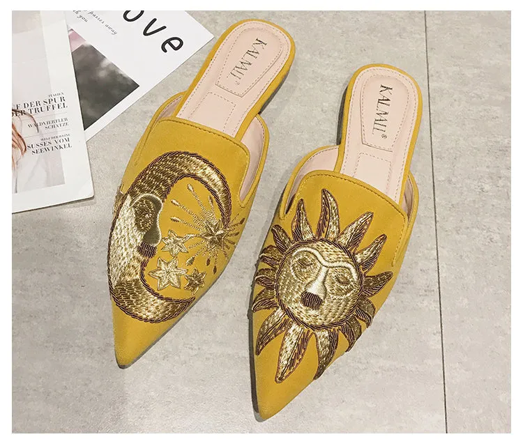 BOOPDO DESIGN BACKLESS LOAFERS WITH GOLD EMBROIDERY