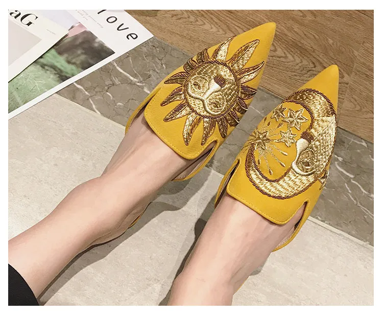 BOOPDO DESIGN BACKLESS LOAFERS WITH GOLD EMBROIDERY