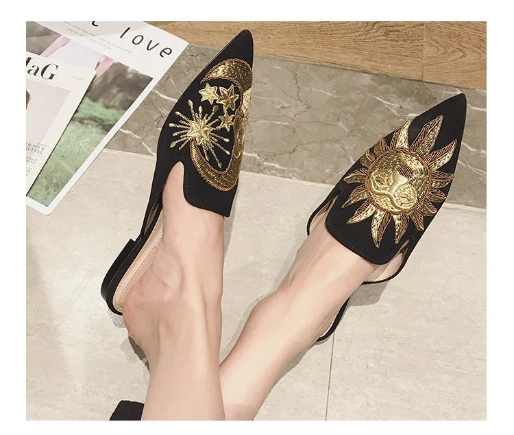 BOOPDO DESIGN BACKLESS LOAFERS WITH GOLD EMBROIDERY