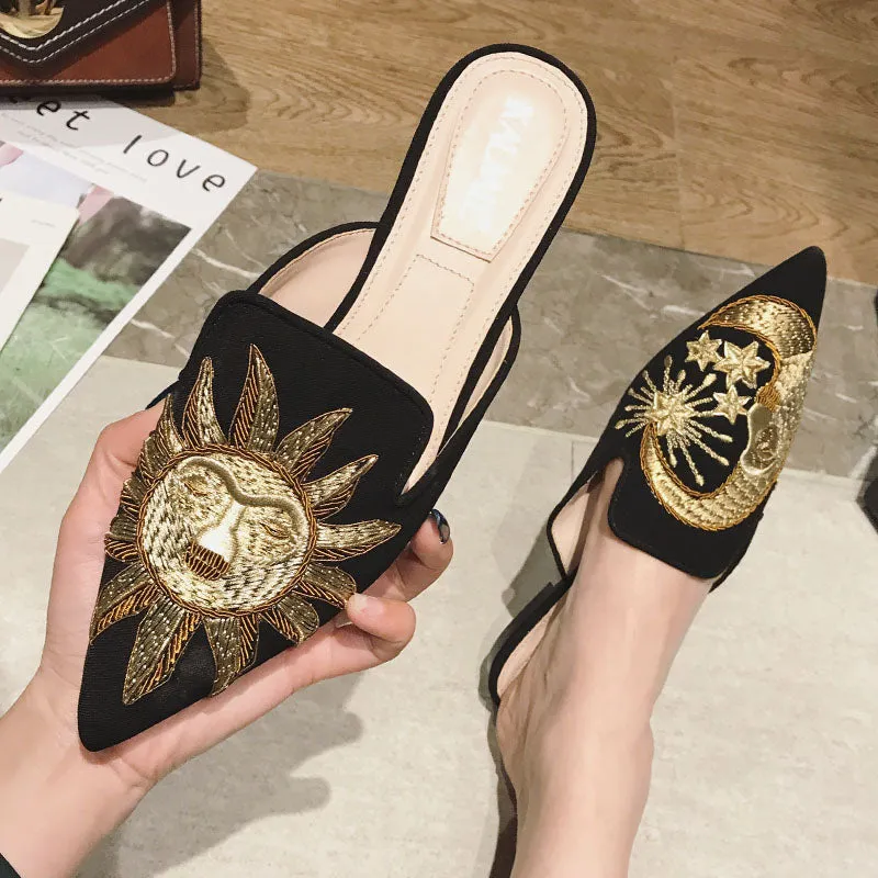 BOOPDO DESIGN BACKLESS LOAFERS WITH GOLD EMBROIDERY