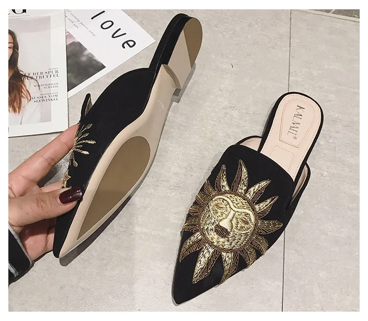 BOOPDO DESIGN BACKLESS LOAFERS WITH GOLD EMBROIDERY