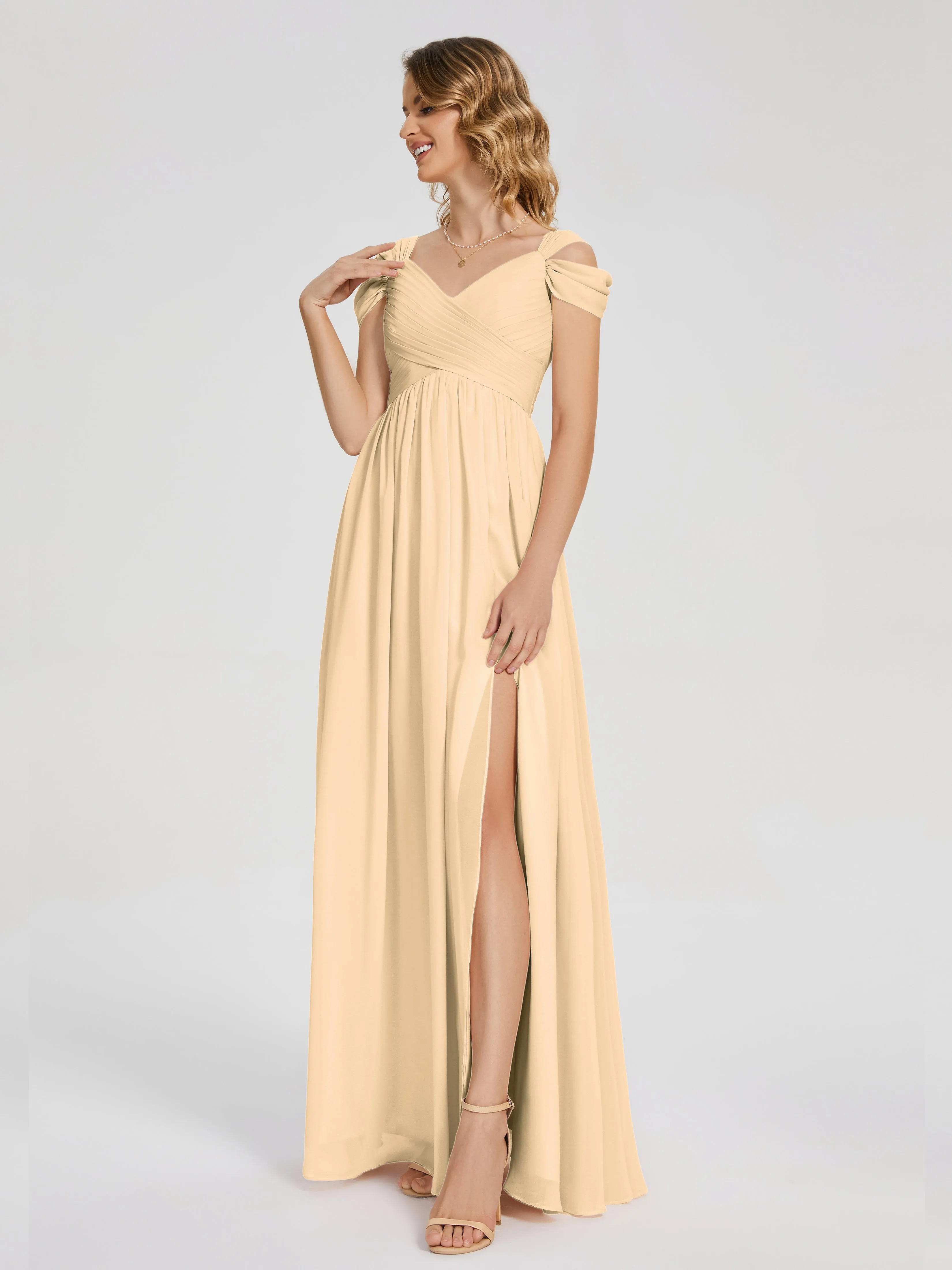 Bridesmaid Peach Dress Charlee Flowy Split Chiffon Bridesmaid Dresses