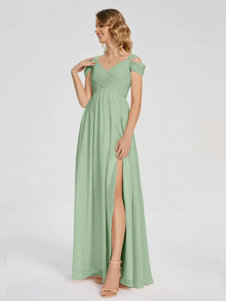 Dark Sage Bridesmaid Dresses Charlee Flowy Split Chiffon Bridesmaid Dresses