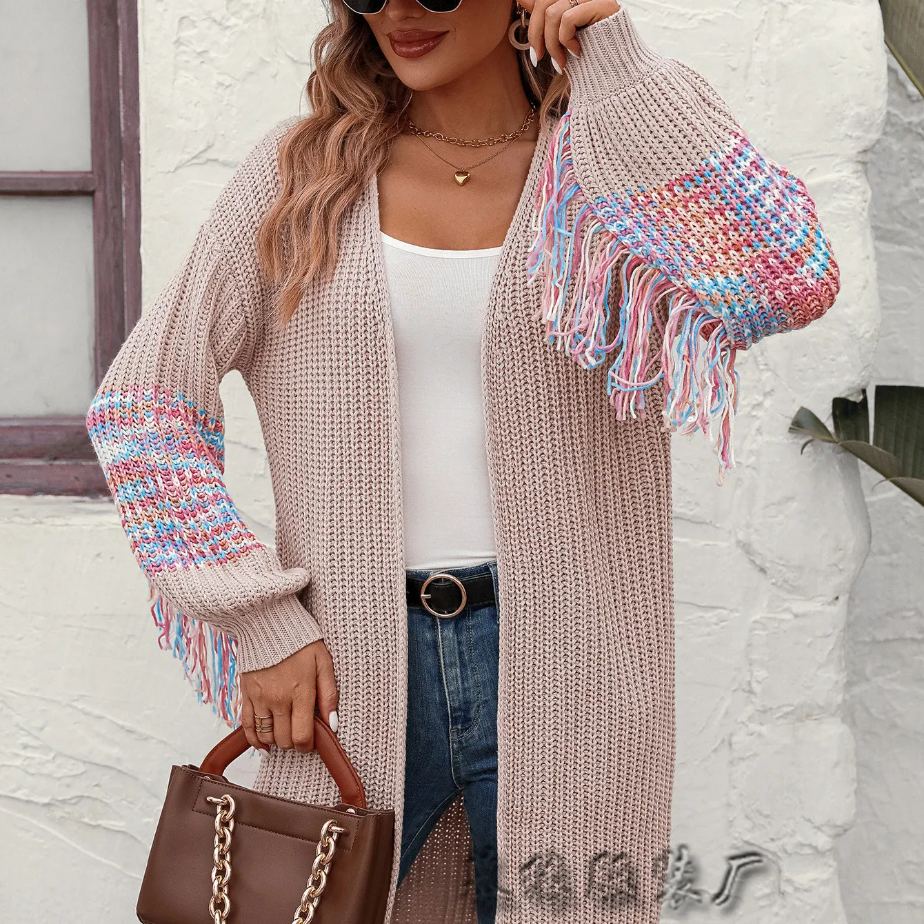 Fashion Colour Block Fringed Long Knitted Cardigan Jacket Wholesale Womens Clothing