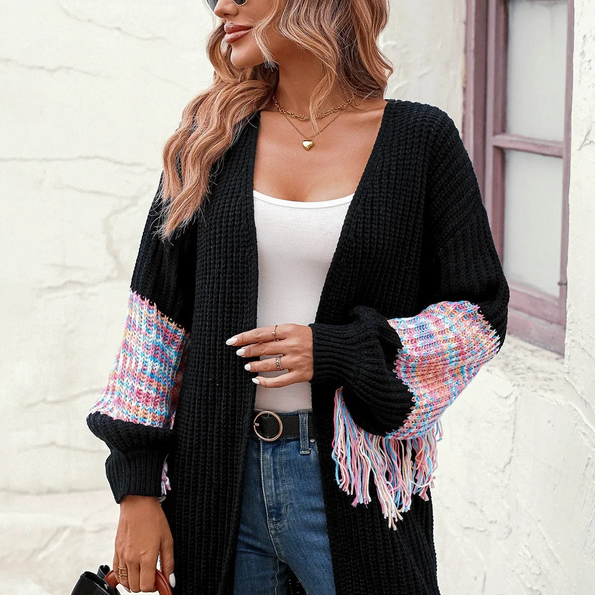 Fashion Colour Block Fringed Long Knitted Cardigan Jacket Wholesale Womens Clothing