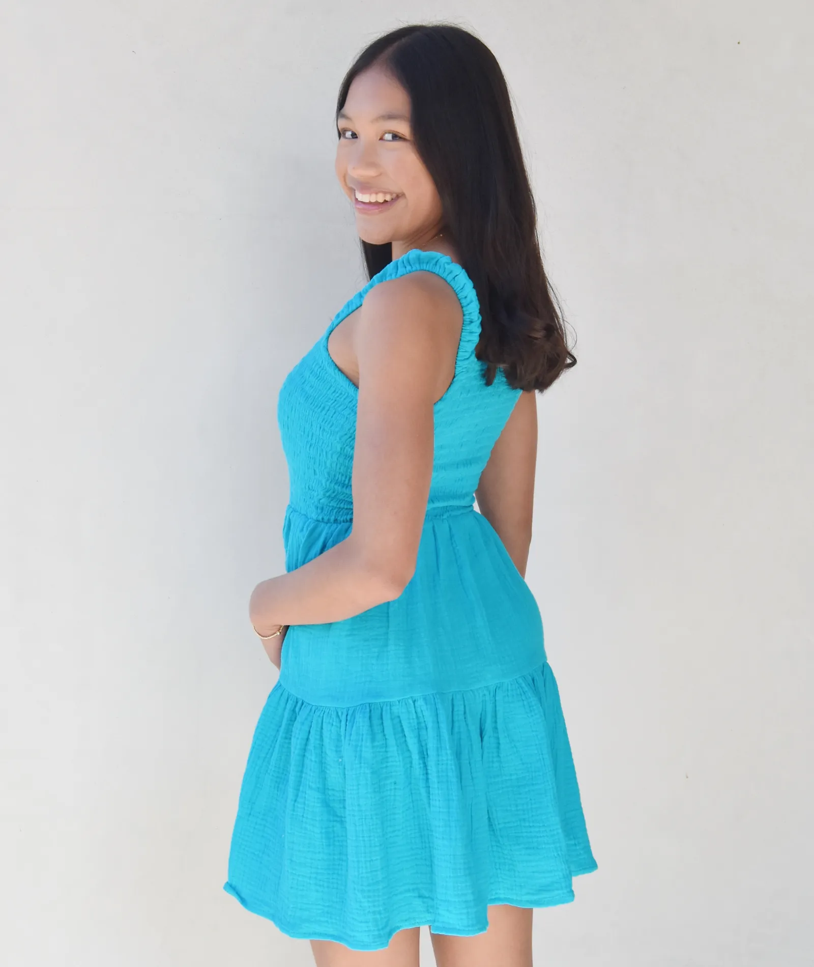 FBZ Girls Turquoise Gauze Smock Sleeveless Dress