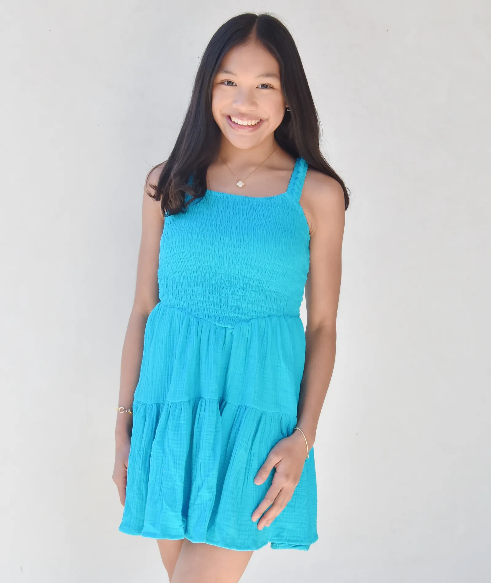 FBZ Girls Turquoise Gauze Smock Sleeveless Dress