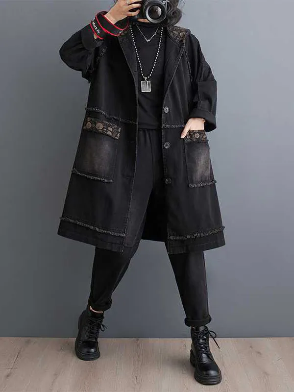 Floral Printed Fringed Split-Joint Loose Raglan Sleeve Hooded Trench Coats Outerwear