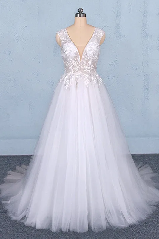 Flowy A-line Long V-neck Lace Tulle Beach Wedding Dresses Bridal Gowns