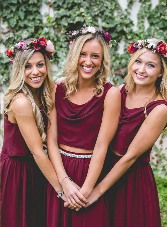 Flowy Boho Burgundy Two Piece Chiffon Bridesmaid Dresses