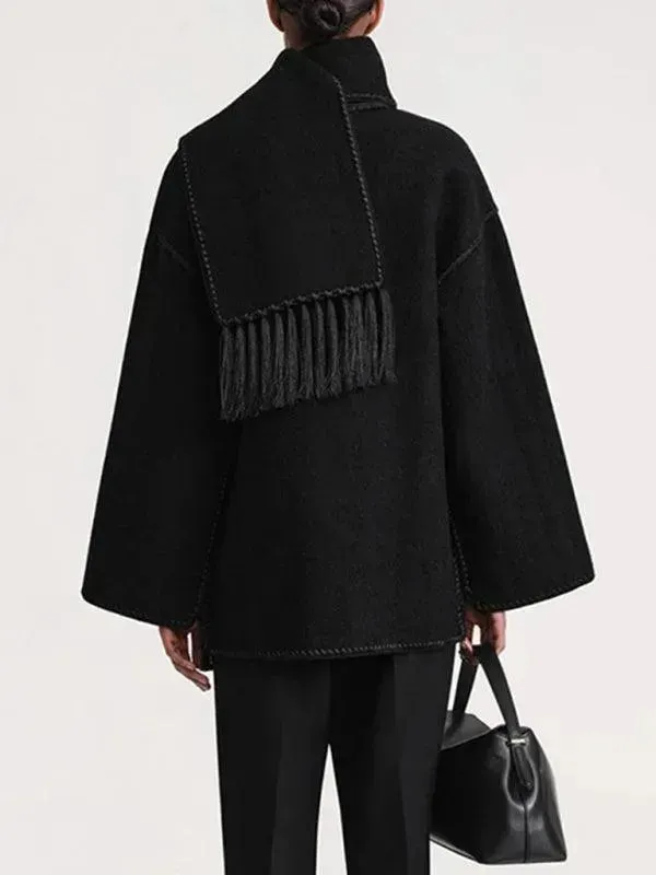 Fringed Scarf Collar Women Woolen Coat