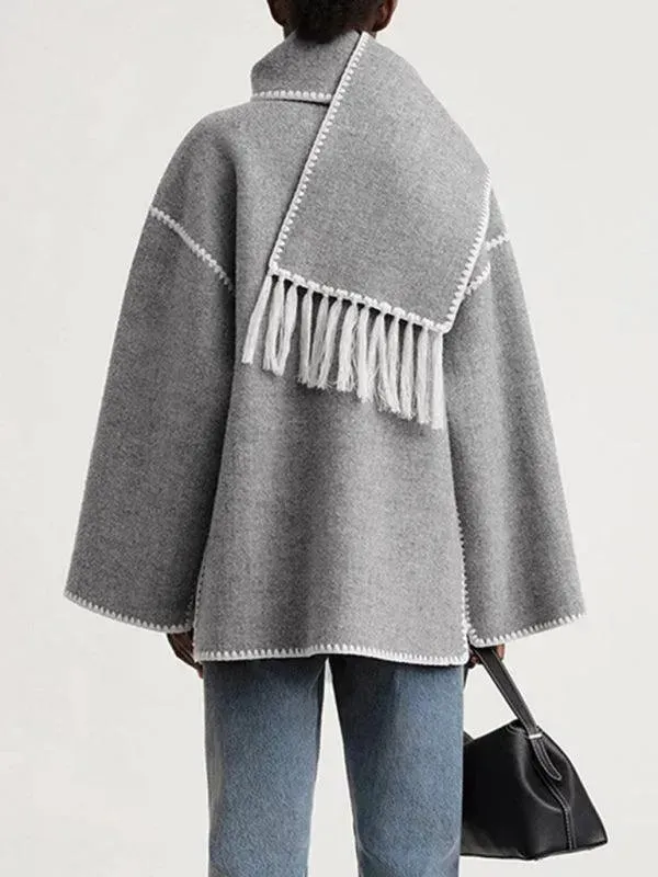 Fringed Scarf Collar Women Woolen Coat