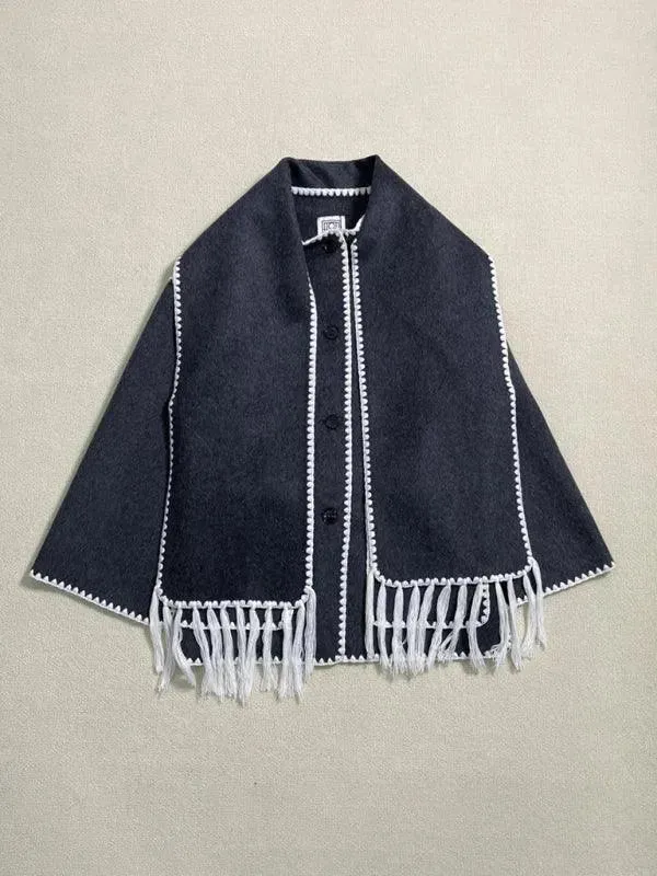 Fringed Scarf Collar Women Woolen Coat