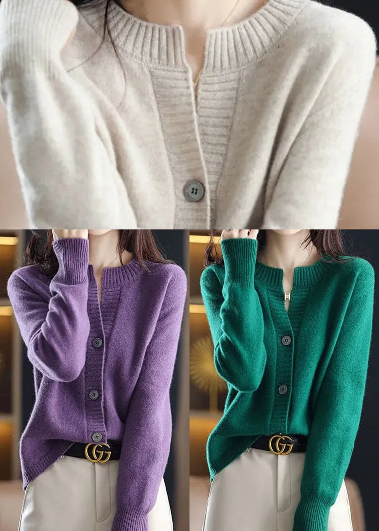 Green Woolen Knit Coats O-Neck Button Solid Color Winter