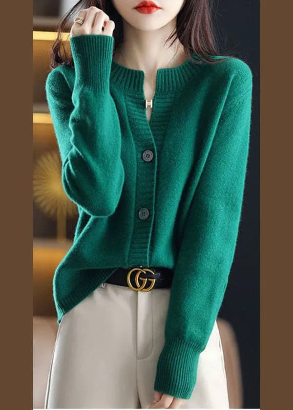 Green Woolen Knit Coats O-Neck Button Solid Color Winter