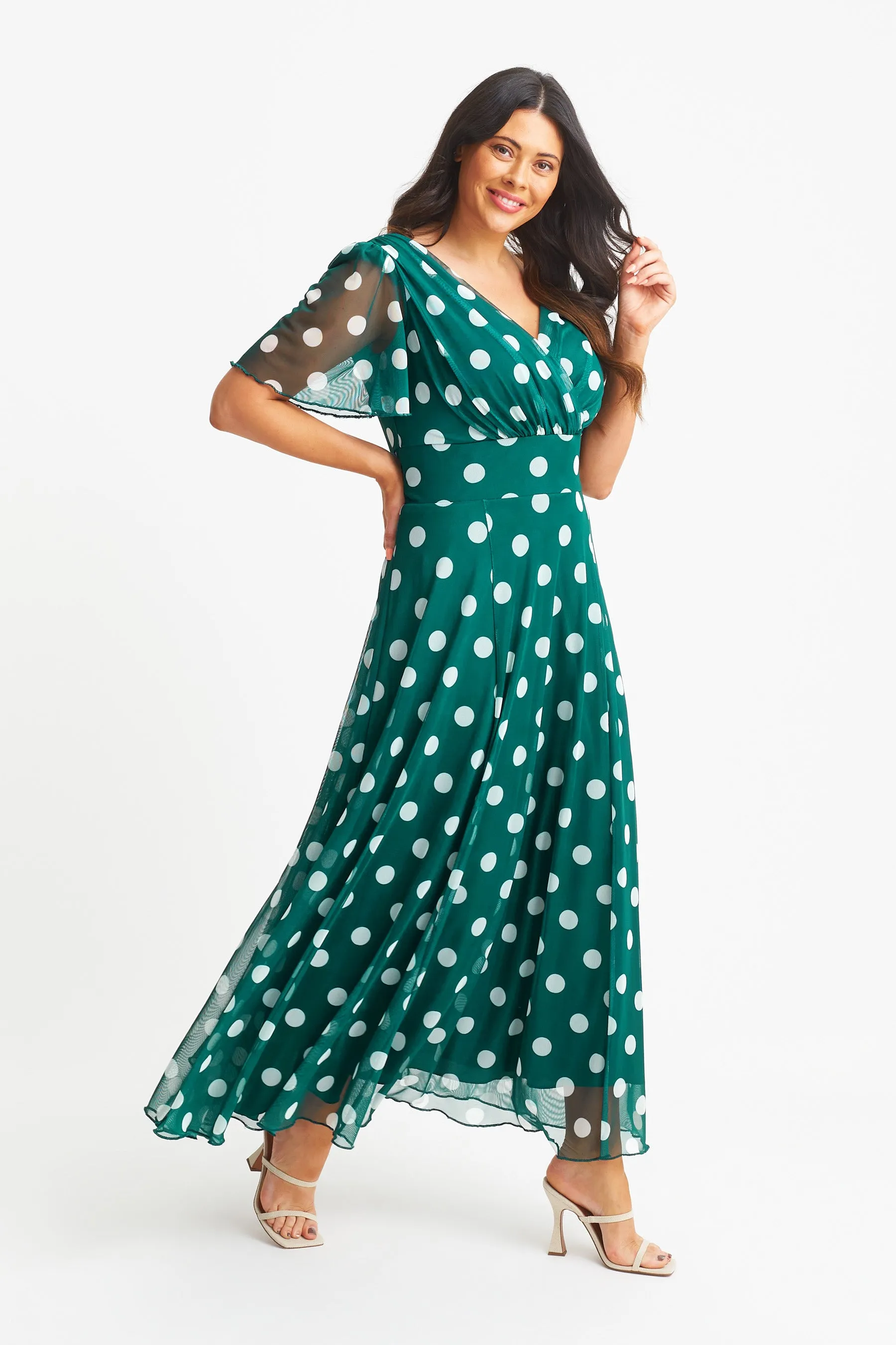 Isabelle Bottle Green Lollidot Print Float Sleeve Maxi Dress