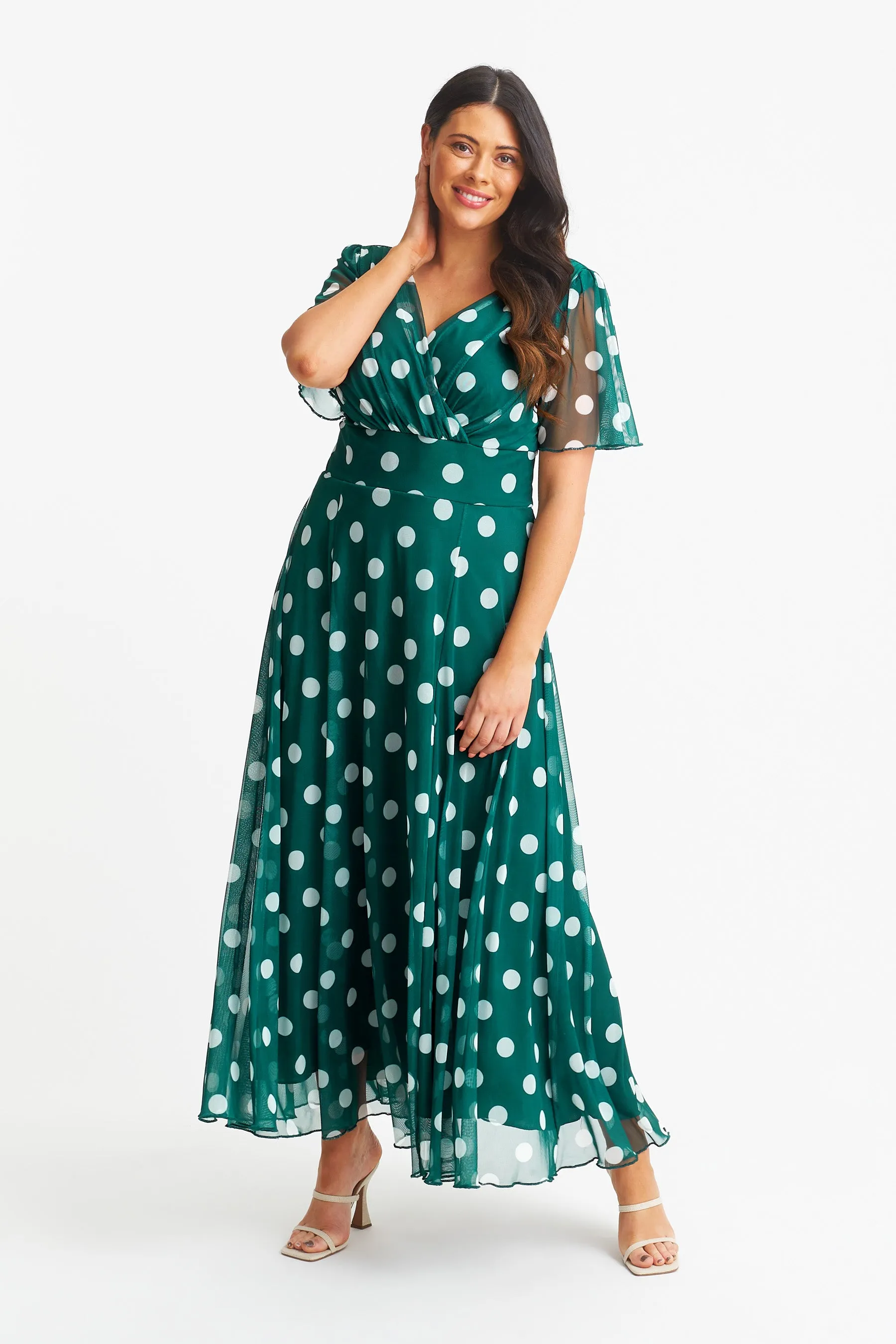 Isabelle Bottle Green Lollidot Print Float Sleeve Maxi Dress