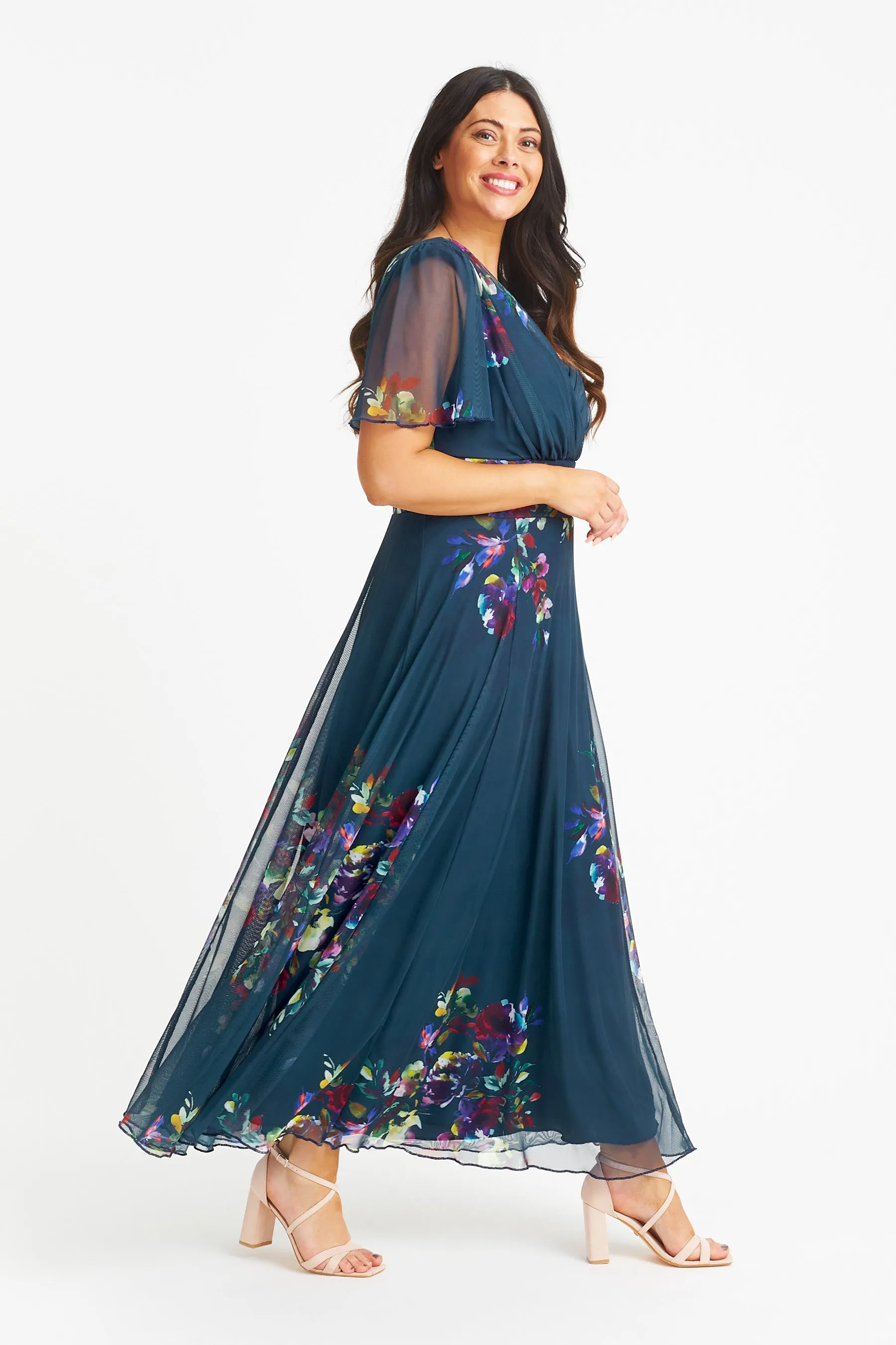 Isabelle Teal Multi Float Sleeve Maxi Dress