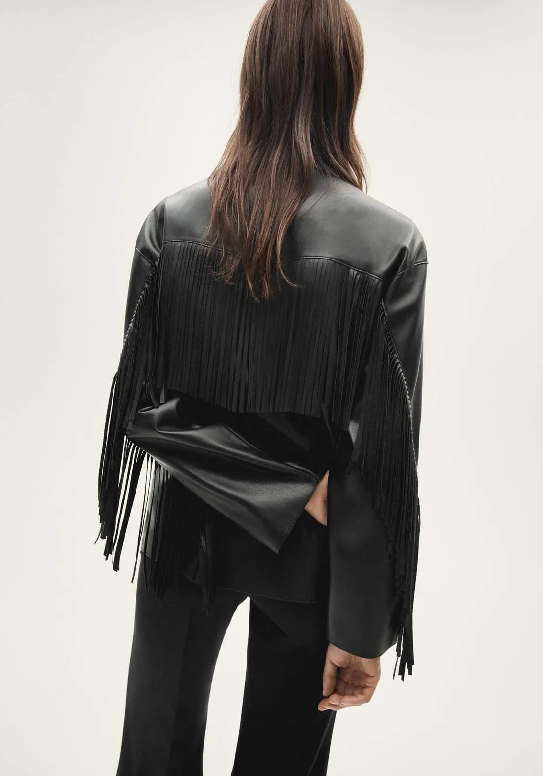 Leather-effect fringed overshirt - Black