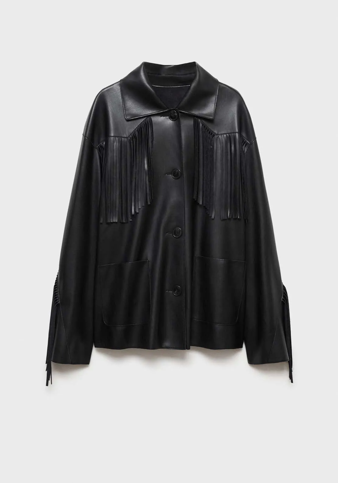 Leather-effect fringed overshirt - Black