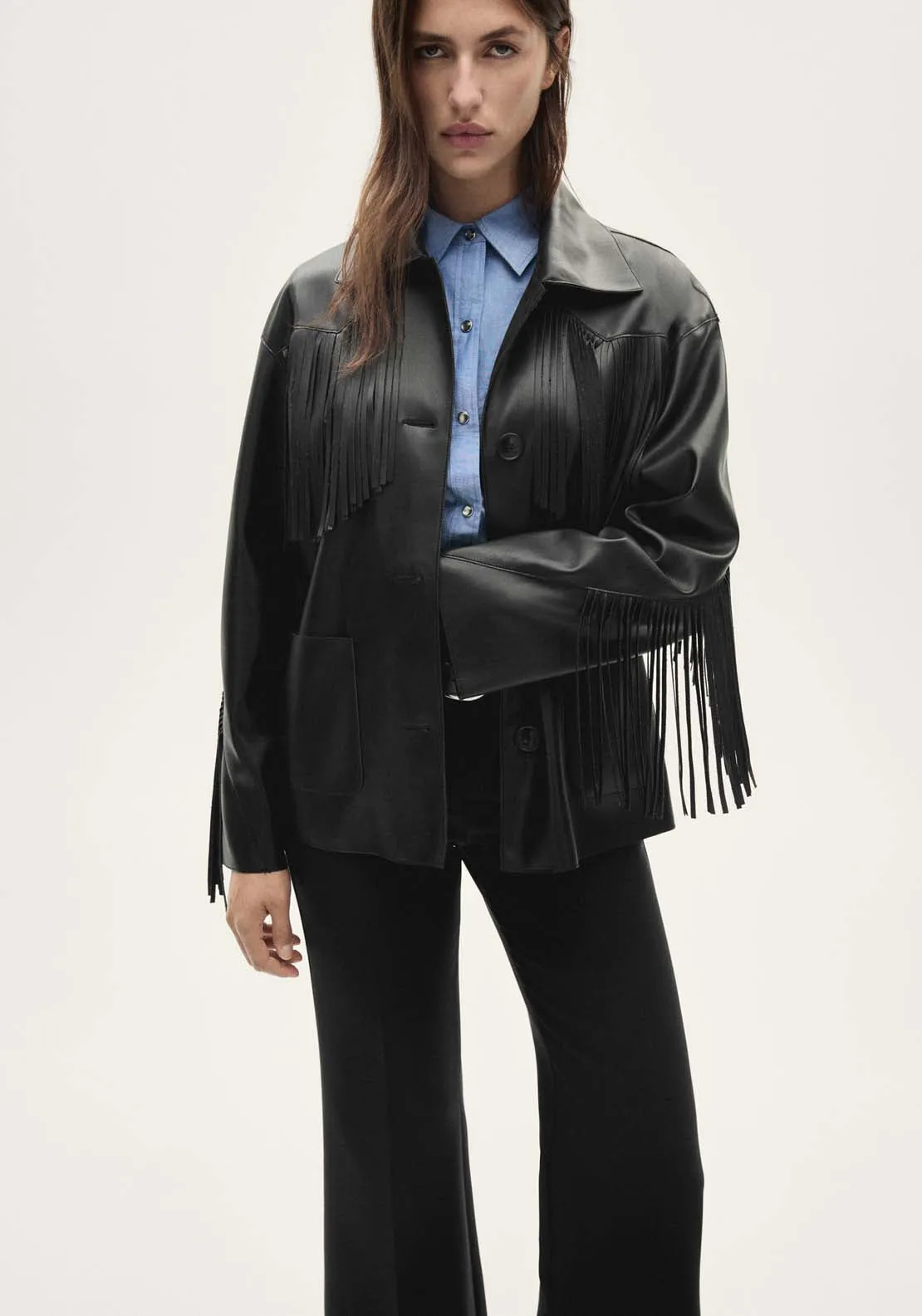 Leather-effect fringed overshirt - Black