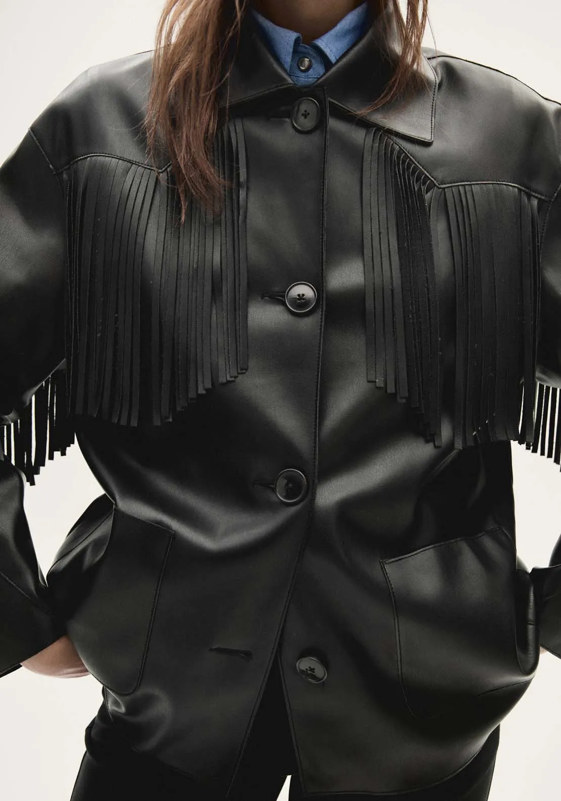 Leather-effect fringed overshirt - Black