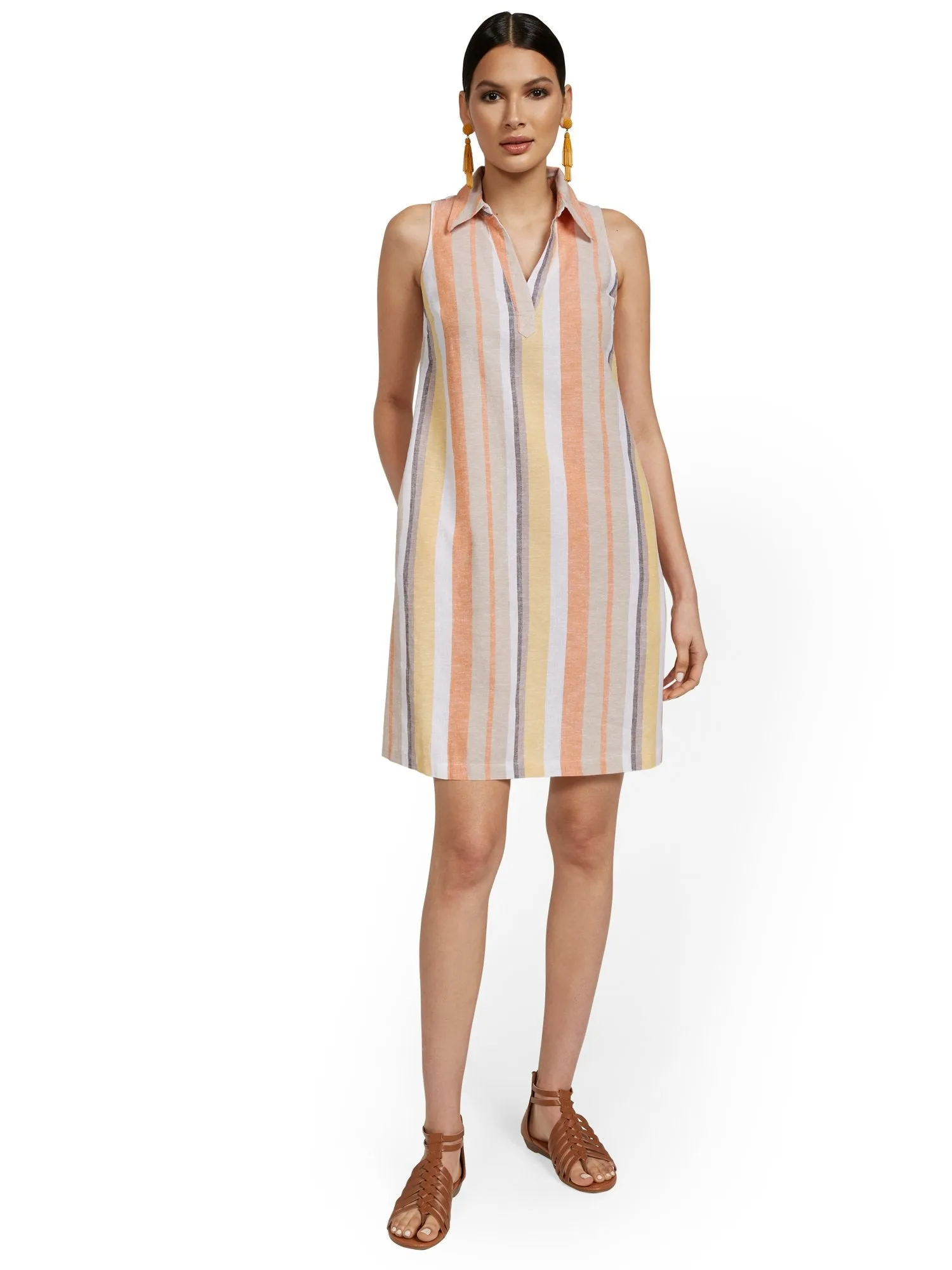 Linen-Blend Split-Neck Tank Dress - Stripe