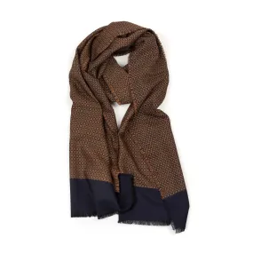 Navy wool scarf with gold jacquard geometric pattern