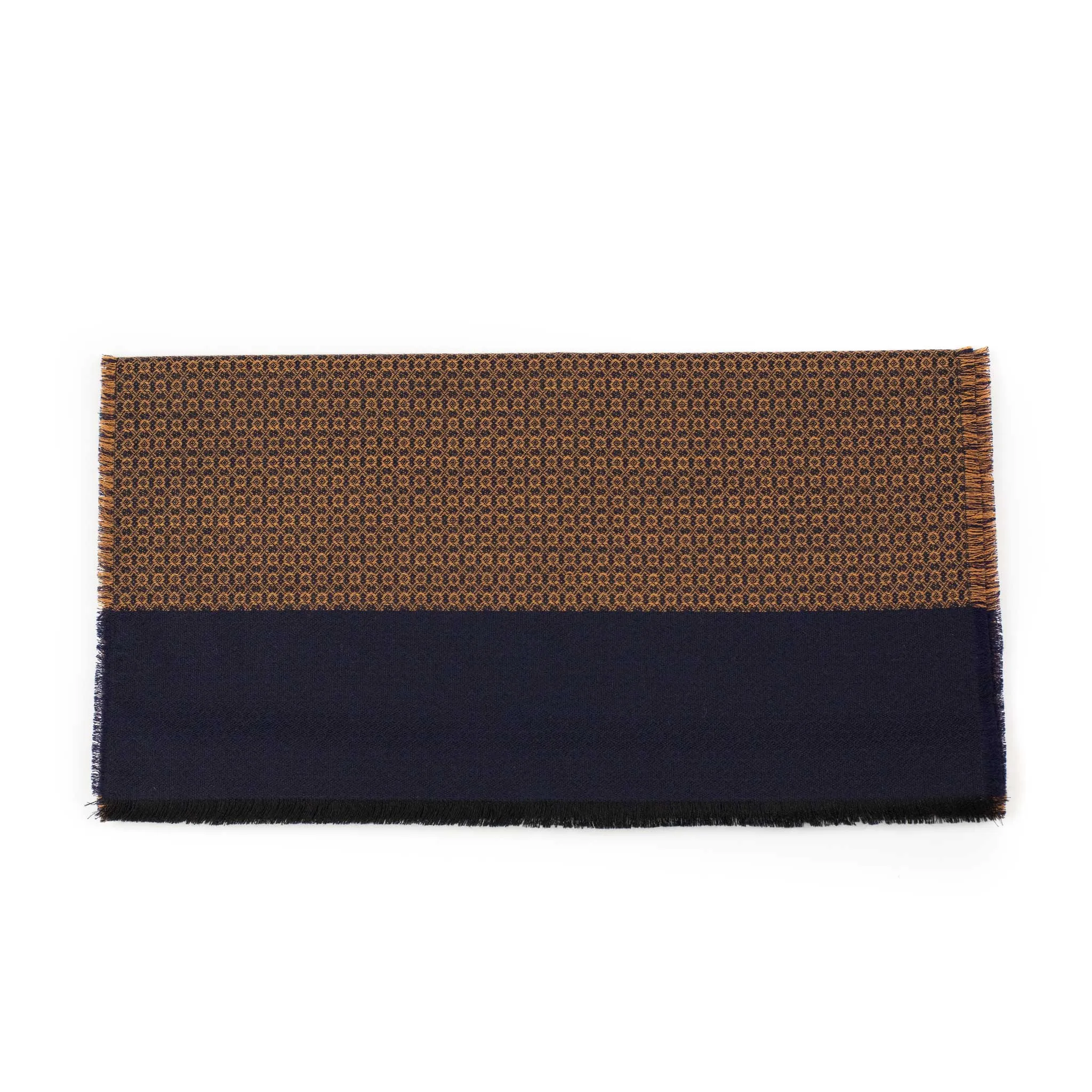 Navy wool scarf with gold jacquard geometric pattern